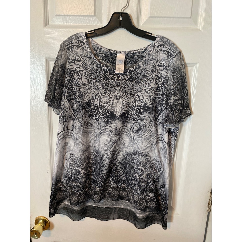 Time and Tru Womens Paisley Rhinestone Short Sleeve Top Black White L 12-14